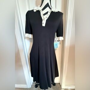 CeCe Black Midi Dress with White Trim and Pearl Accents